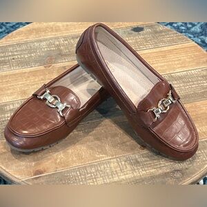 Brown Faux Croc Loafers with Gold Buckles-7.5